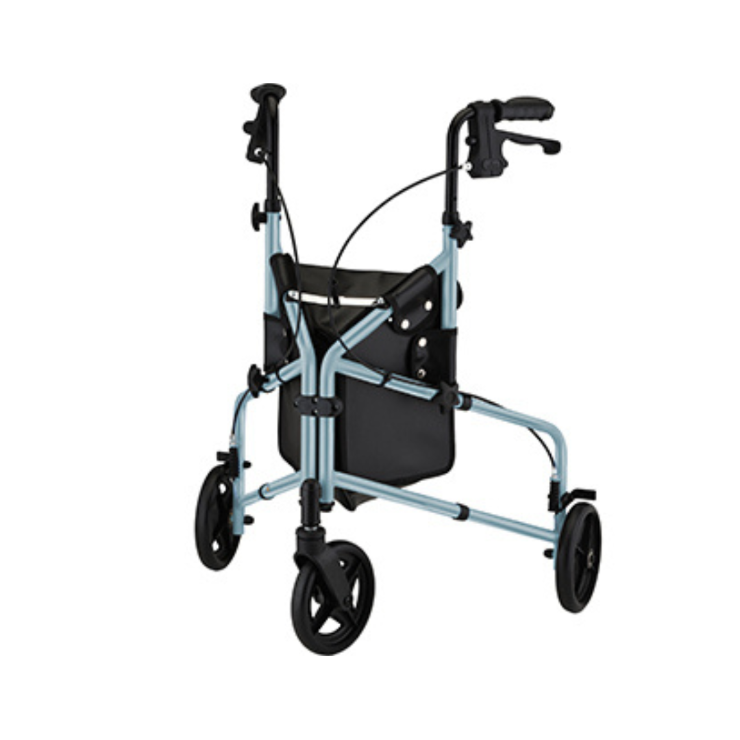 The Nova Active Lightweight 3-Wheel Rollator in blue has a foldable frame, ergonomic handbrakes, three black wheels, and a black storage pouch—an ideal portable mobility aid for daily use.